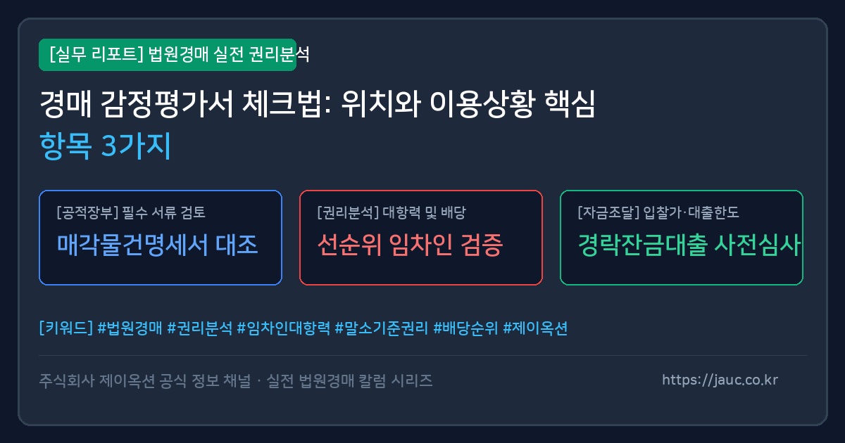경매 감정평가서의 위치와 이용상황 점검 항목을 정리한 그래픽 이미지