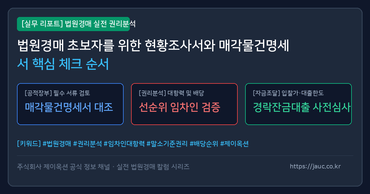 현황조사서와 매각물건명세서의 주요 확인 항목을 비교한 경매 체크리스트 그래픽