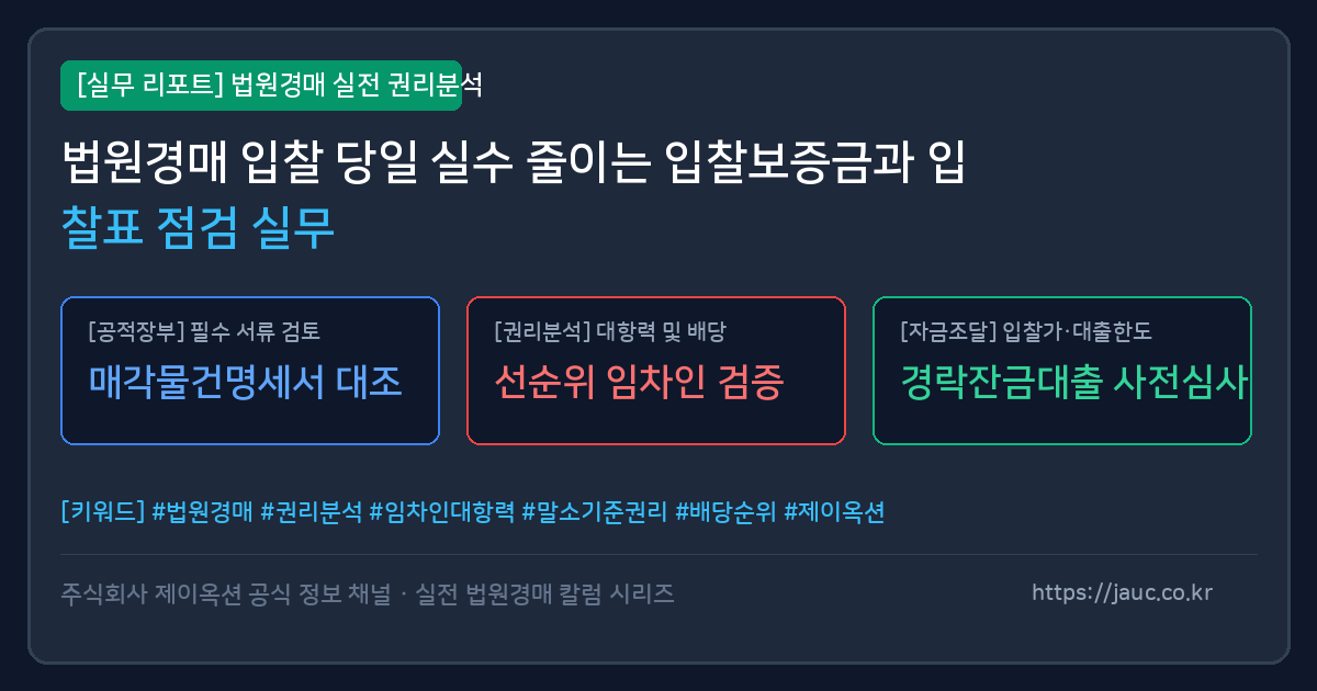 법원경매 입찰보증금과 입찰표 작성 전 점검 사항을 정리한 인포그래픽 리포트