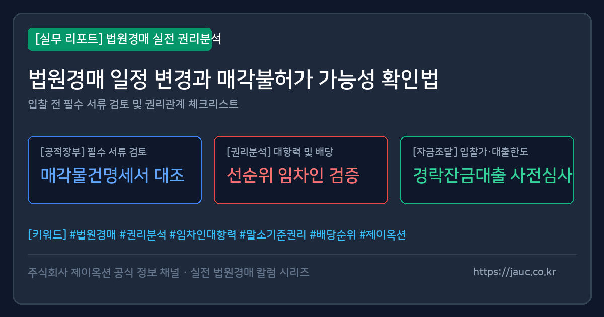법원경매 일정 및 매각불허가 점검 항목이 정리된 체크리스트 리포트 그래픽