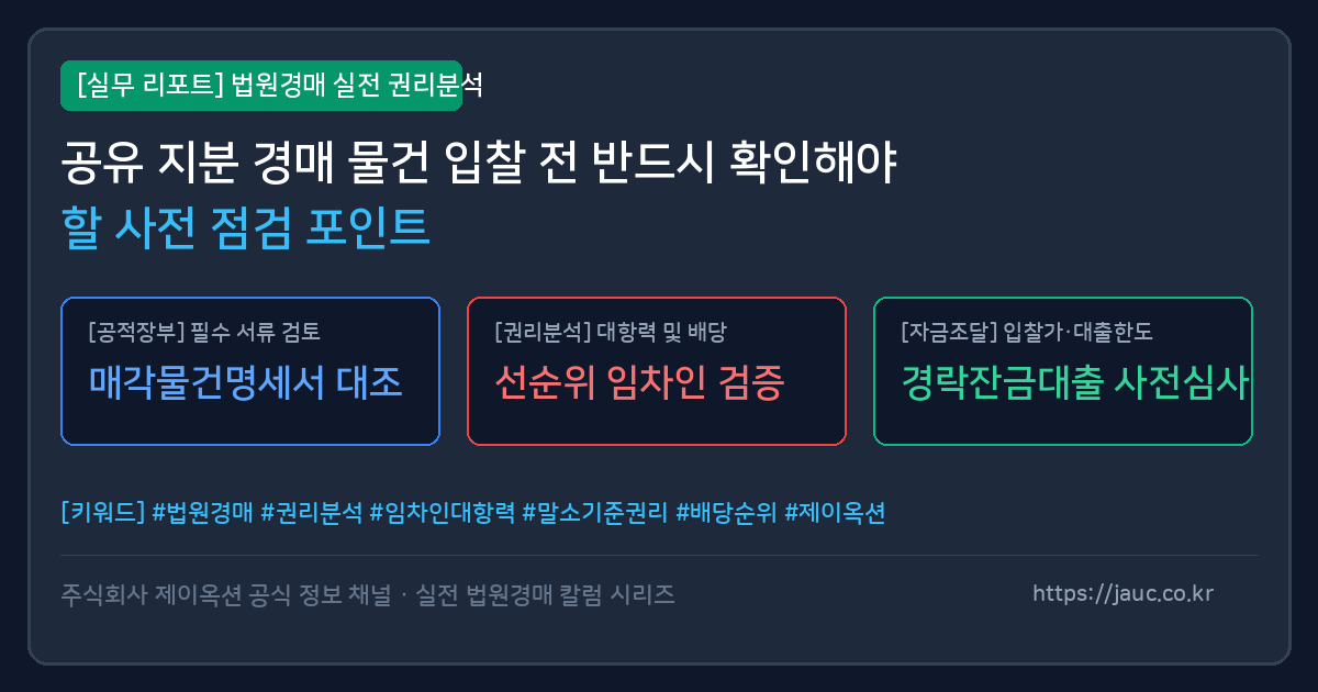 공유 지분 경매 사전 점검 포인트를 정리한 체크리스트 형태의 그래픽 이미지