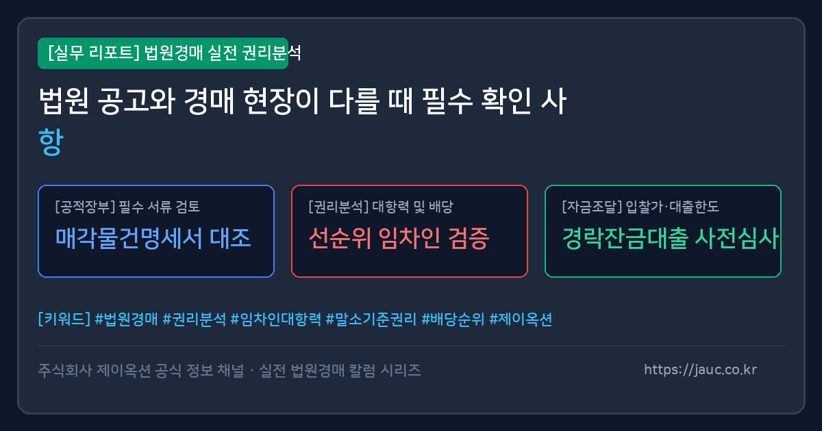 법원 공고와 현장 상태 비교를 위한 핵심 점검 항목 인포그래픽