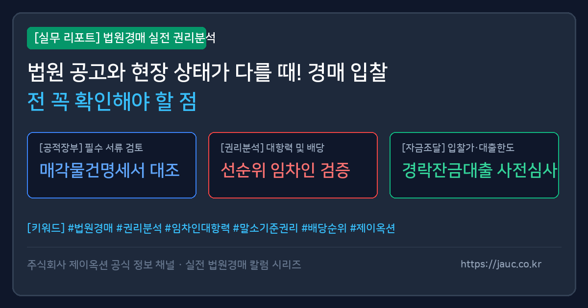 법원 공고 내용과 현장 상태를 비교하는 체크리스트 문서 그래픽