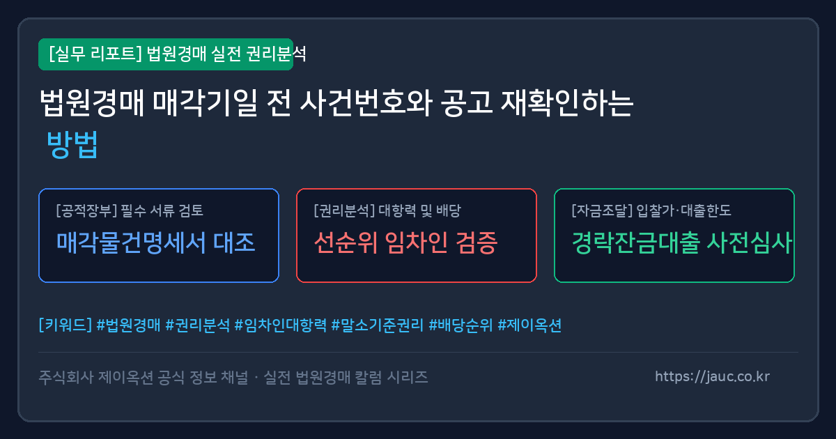 법원경매 매각기일 전 사건번호 및 공고 재확인 체크리스트 그래픽