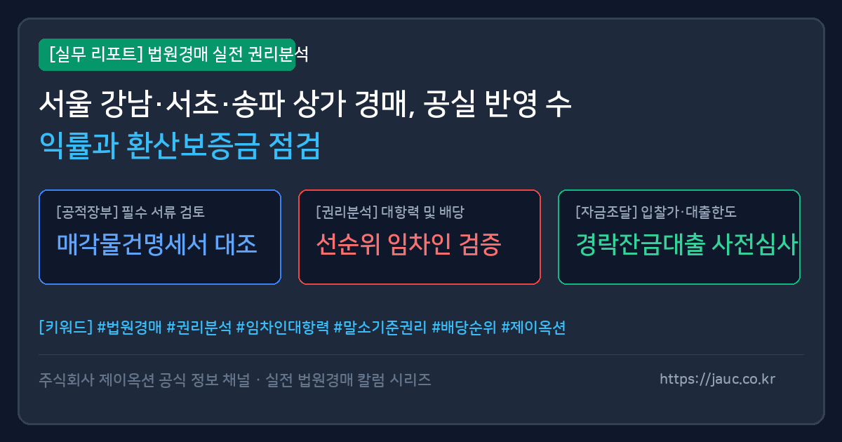 서울 강남, 서초, 송파 상가 경매 투자 분석 리포트: 공실률, 수익률, 환산보증금 점검 항목