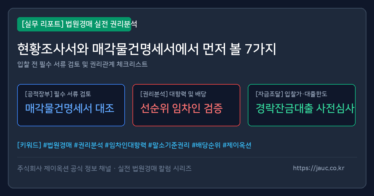 현황조사서와 매각물건명세서 체크포인트를 정리한 문서형 그래픽