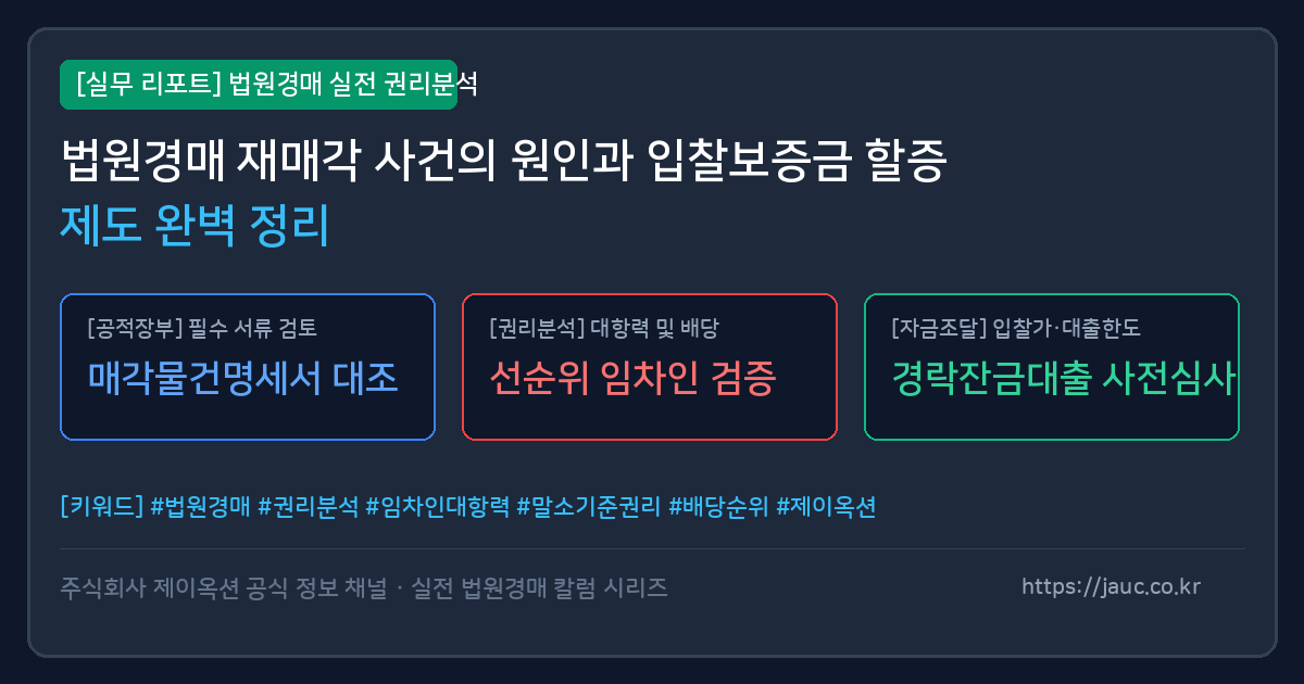 법원경매 재매각 원인과 입찰보증금 할증 제도를 정리한 인포그래픽 리포트