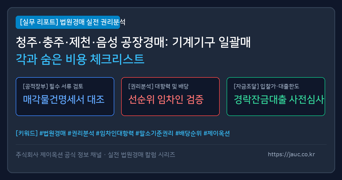충북 공장 경매 기계기구 일괄매각 및 비용 체크리스트 인포그래픽