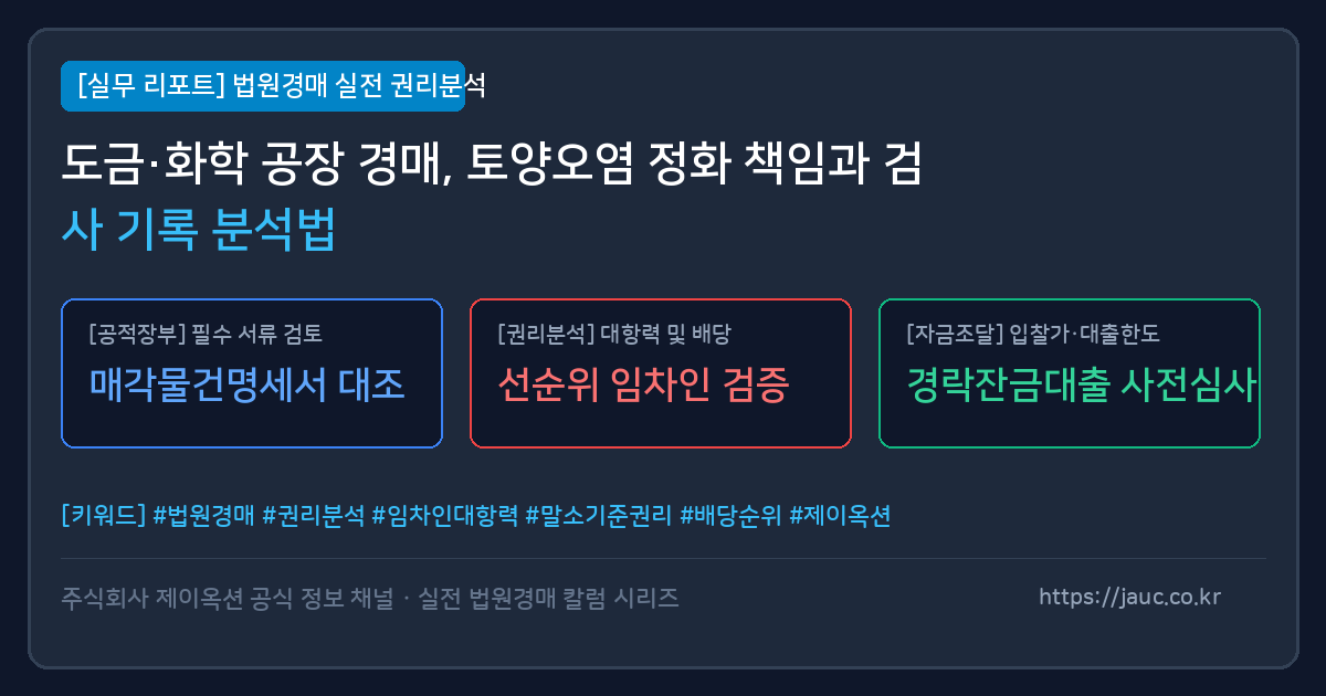 도금 및 화학 공장 경매 시 토양오염 정화 책임과 검사 기록 체크리스트 인포그래픽