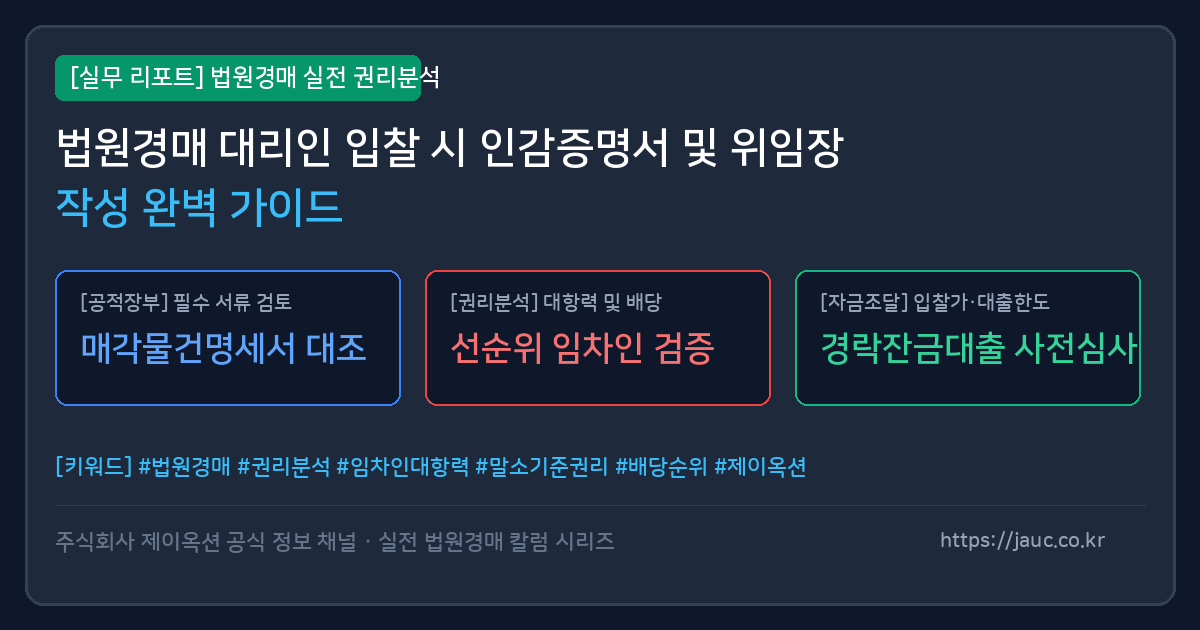 법원경매 대리인 입찰 시 필요한 인감증명서와 위임장 작성 요령을 정리한 체크리스트 그래픽