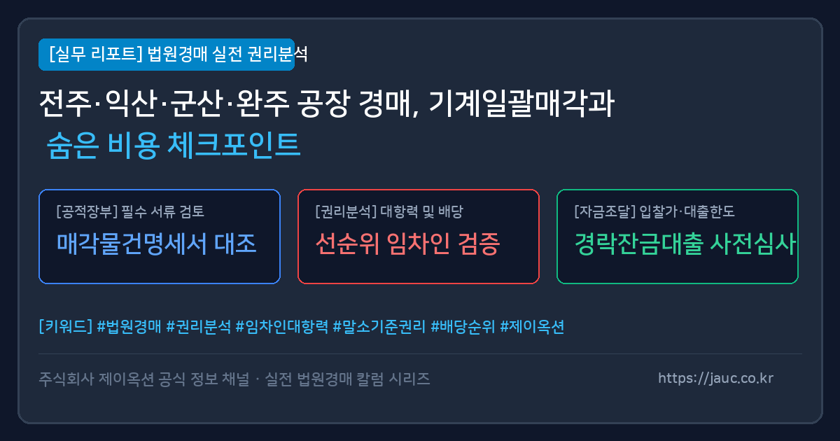 전북 공장 경매 기계일괄매각 및 비용 체크리스트 안내 인포그래픽