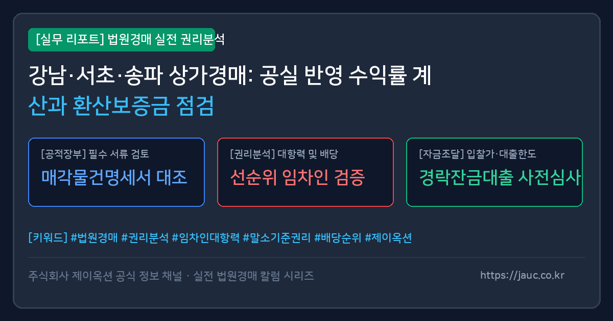 강남권 상가 경매 공실 기간 반영 수익률 계산 및 환산보증금 점검표 인포그래픽