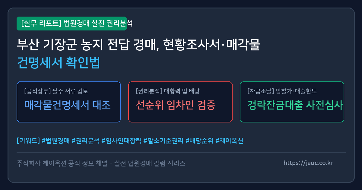 부산 기장군 농지 경매 현황조사서 및 매각물건명세서 확인 사항 체크리스트 인포그래픽