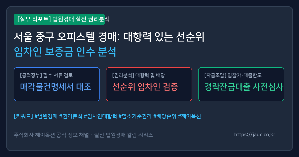 서울 중구 오피스텔 경매 선순위 임차인 보증금 인수 분석 리포트 카드