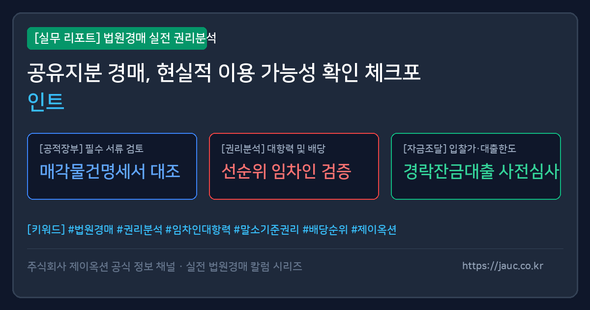 공유지분 경매 체크포인트를 정리한 문서형 안내 그래픽